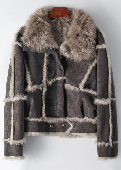 Dark Grey Rabbit Hair Collar Zippered Patchwork Leather and Fur Coat Winter