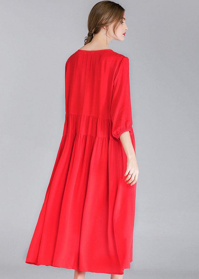 Red Loose Wrinkled Spring Holiday Dress Three Quarter Sleeve