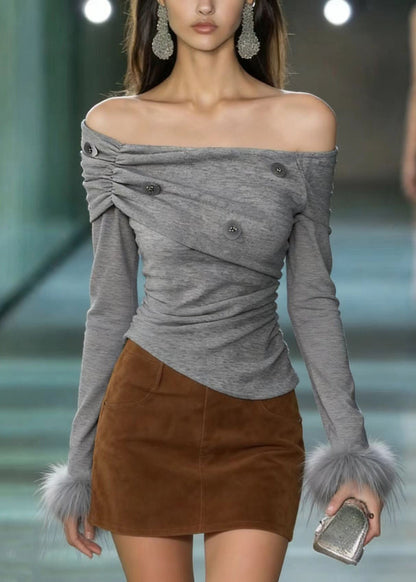 Grey Slash Neck Fur Patchwork Sequins Cotton T Shirts Spring