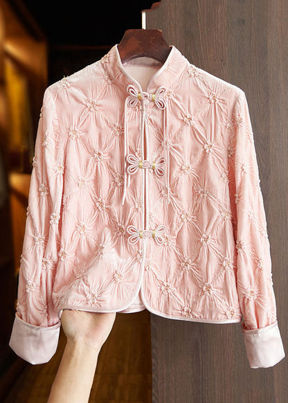 Art Apricot Stand Collar Button Silk Velour Tops Fall