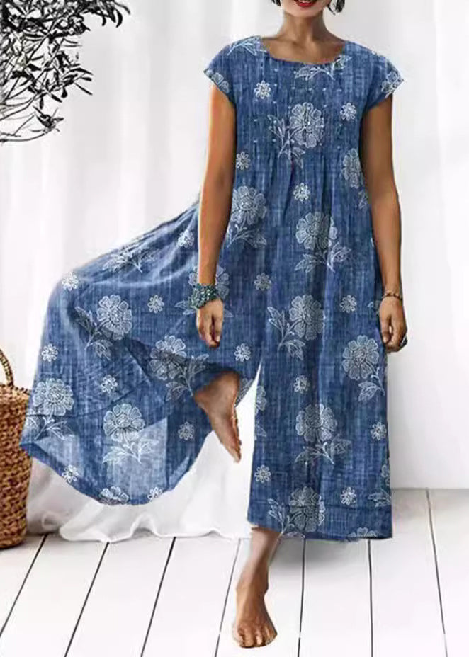 Khaki O Neck Print Cotton Jumpsuits Summer