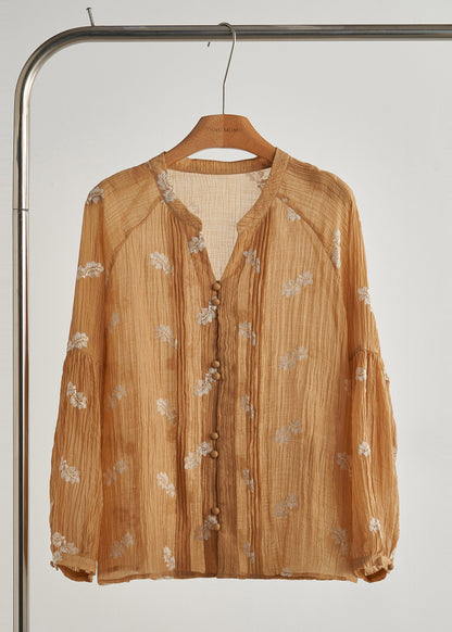 Khaki Embroidered Wrinkled Cotton Blouses Fall