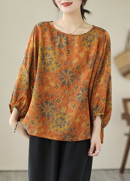 Lus Size Orange Oversized Print Cotton Shirt Tops Lantern Sleeve