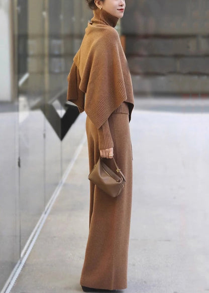 Khaki Turtleneck Knit Two Pieces Set Winter