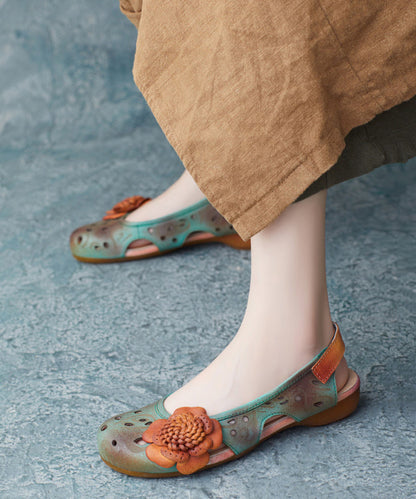 Green Cowhide Leather Hollow Out Flower Sandals