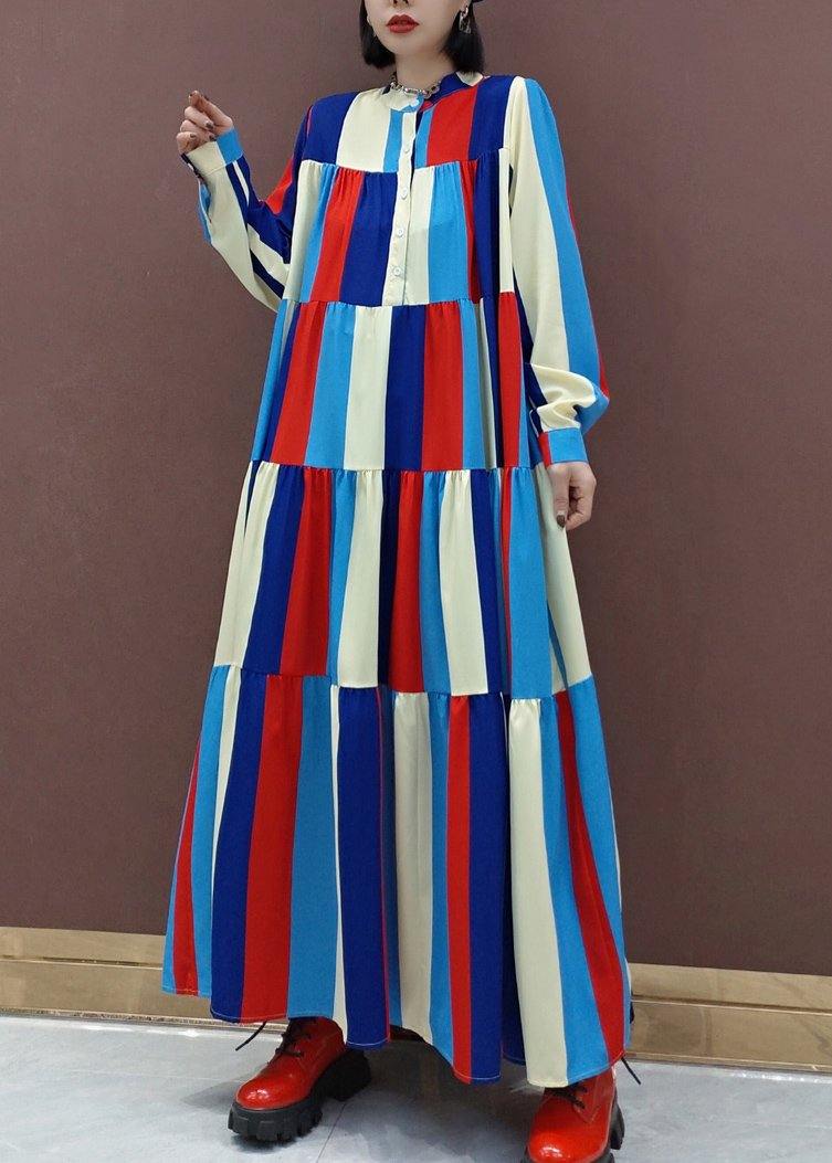 Vivid Stand Collar Patchwork Spring Clothes Ideas Multicolor Striped Kaftan Dresses