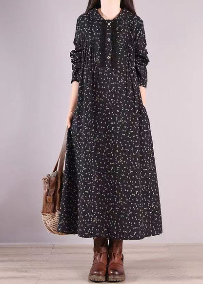 Black Print Pockets Wrinkled Patchwork Cotton Long Dresses Fall