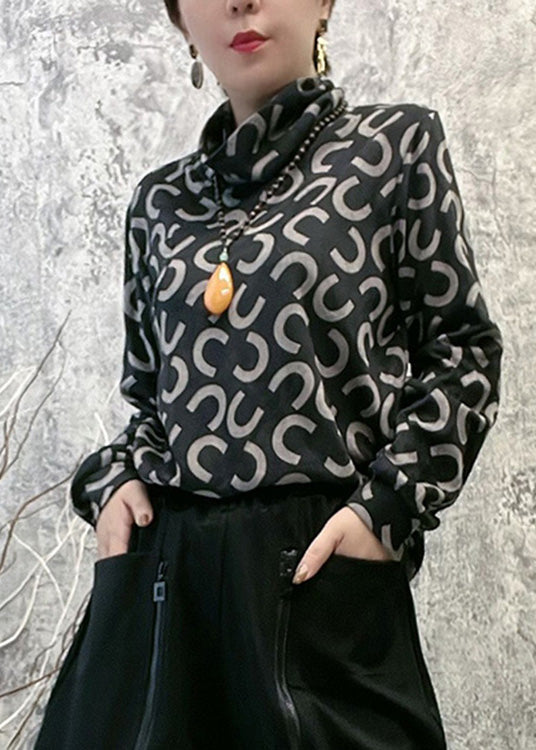 Italian Black Turtleneck Print Tops Long Sleeve