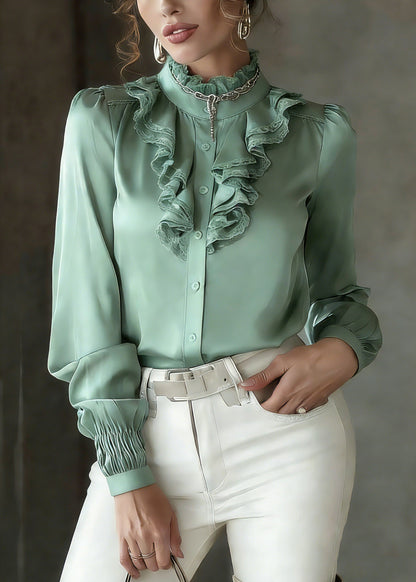 Green Ruffled Patchwork Silk Shirt Lantern Sleeve