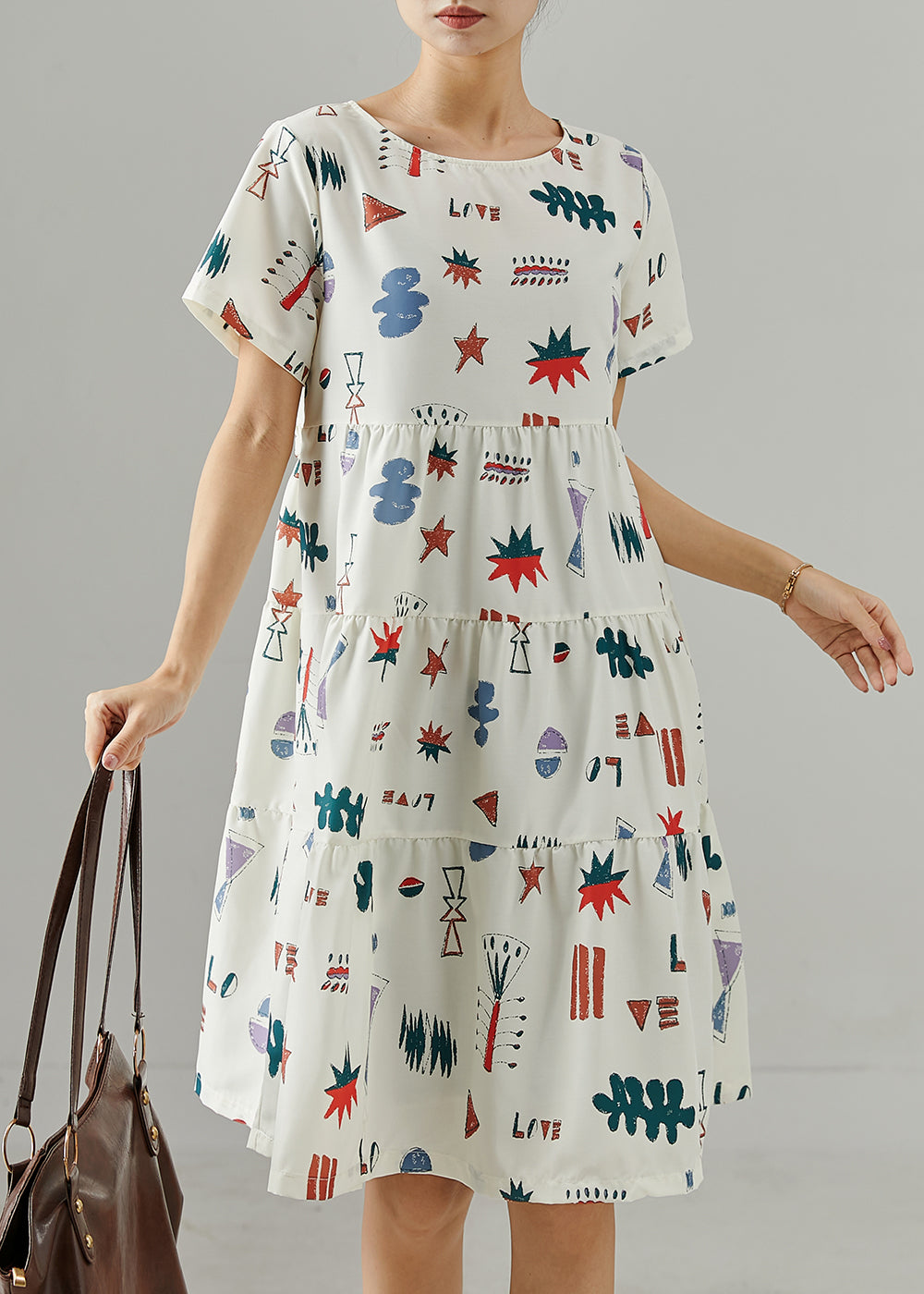 Stylish White O-neck Print Mid Dress Summer