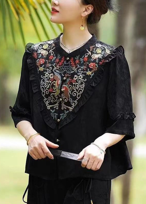 Black Ruffled Embroideried Patchwork Silk Tops Half Sleeve