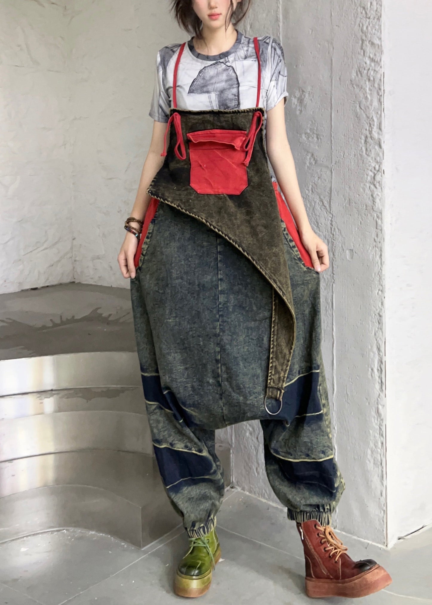 Black Pockets High Waist Patchwork Denim Jumpsuit Sleeveless