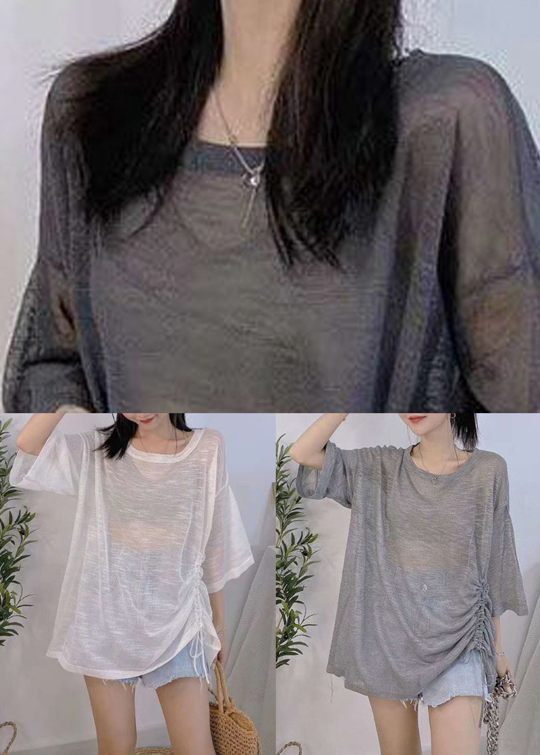 Light Grey O Neck Lace Up Ice Silk Knit T Shirt Summer
