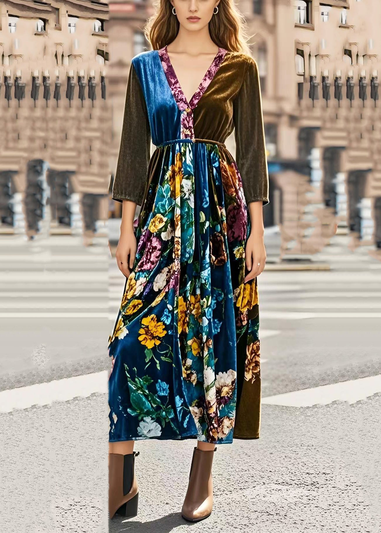 Silm Fit V Neck Patchwork Print Silk Velour Cinched Dresses Spring