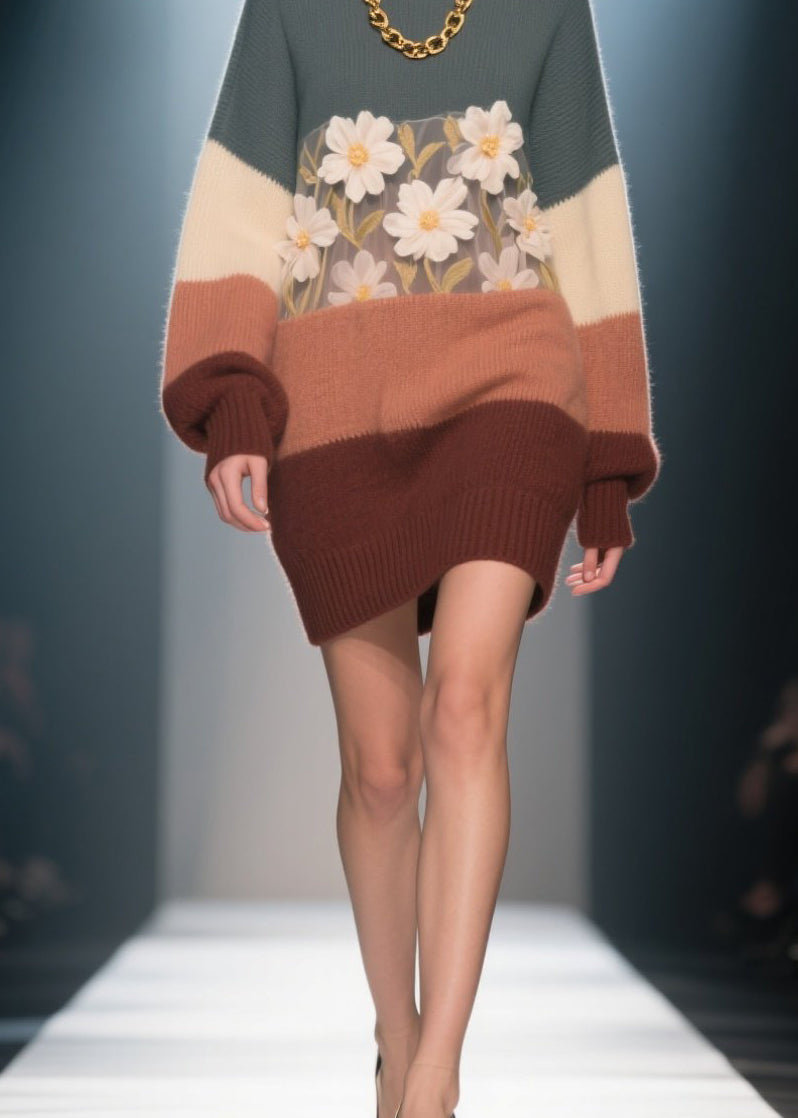 Italian Colorblock O Neck Knit Dress Winter