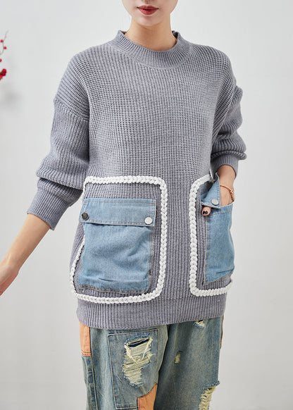 Grey Oversized Patchwork Pockets Knit Sweater Tops Winter