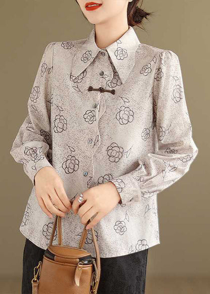 Apricot Peter Pan Collar Print Cotton Shirt Tops Spring