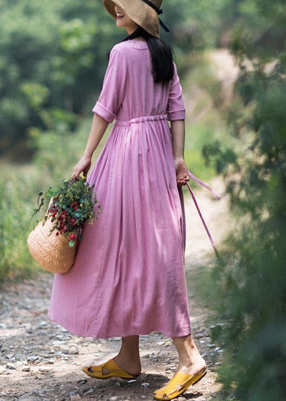 Organic Pink Clothes for O Neck Drawstring Summer Dresses