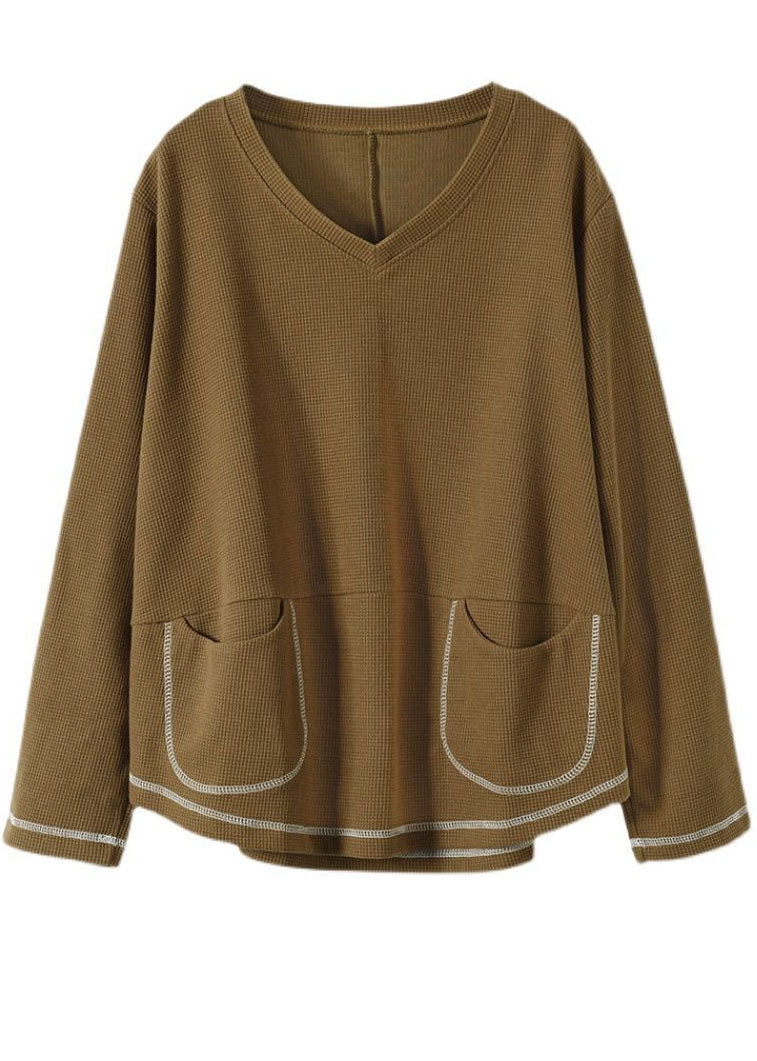 Black V Neck Pockets Patchwork Cotton Sweatshirts Top Long Sleeve