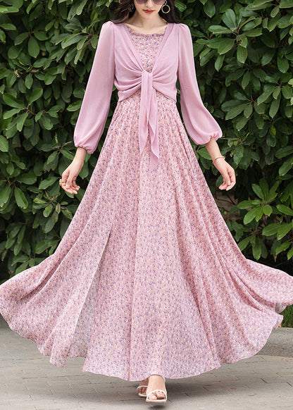 Pink Print Chiffon Cardigan and Slip Dress Two Pieces Set Spring