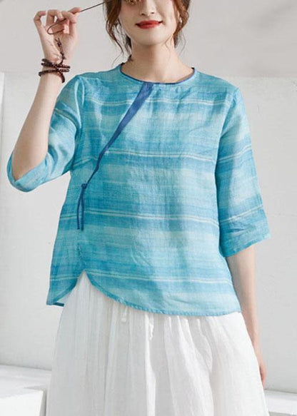 Blue Striped Chinese Style O-neck Summer Ramie Blouse Half Sleeve