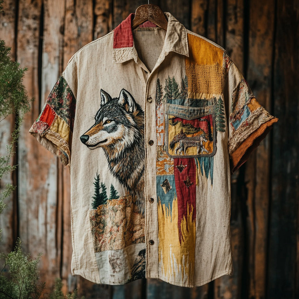 Men's Retro Wolf Patchwork Contrast Color Support Our National Parks Art Linen Casual Shirt artswardrobe