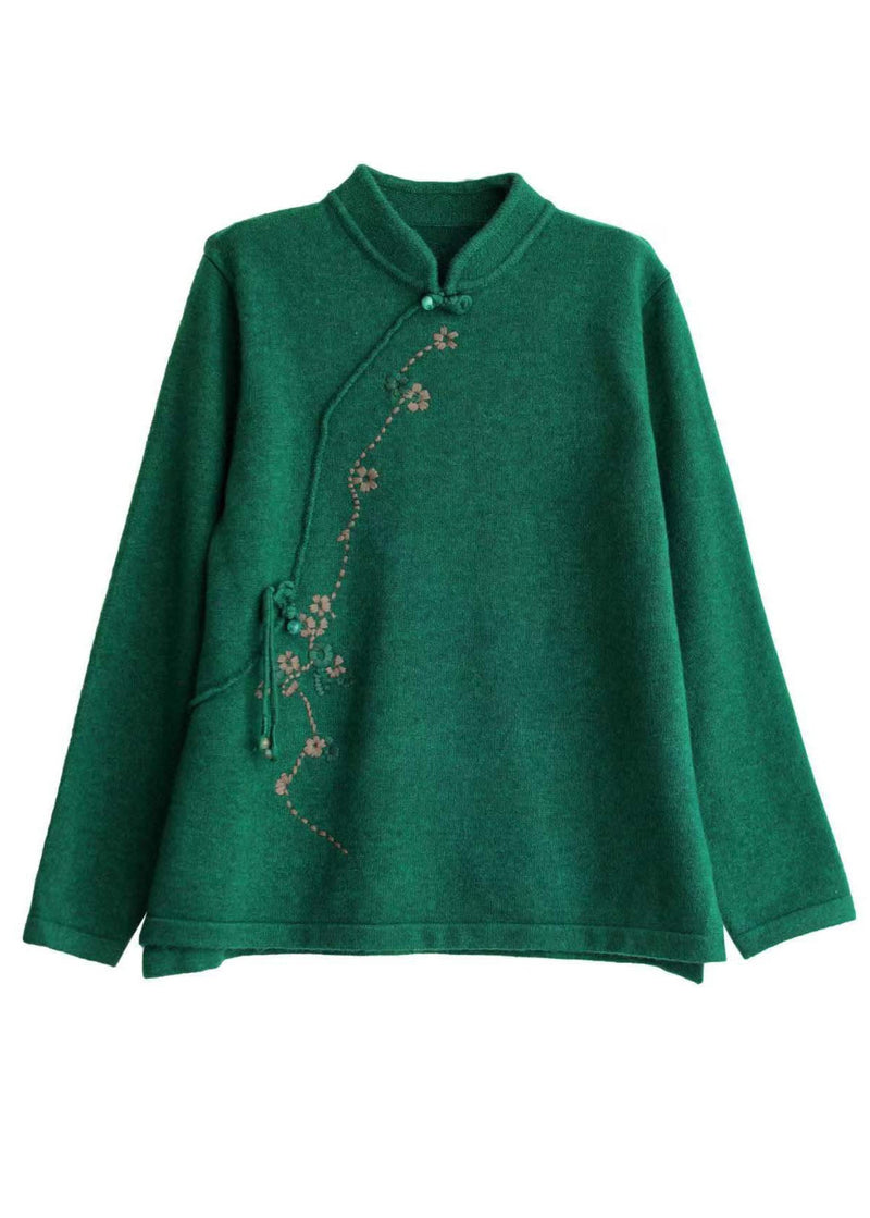 Beige Stand Collar Embroideried Chinese Style Knit Tops Spring