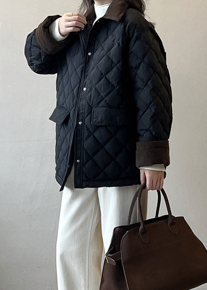 Black Pockets Corduroy Duck Down Puffer Coat Peter Pan Collar Winter