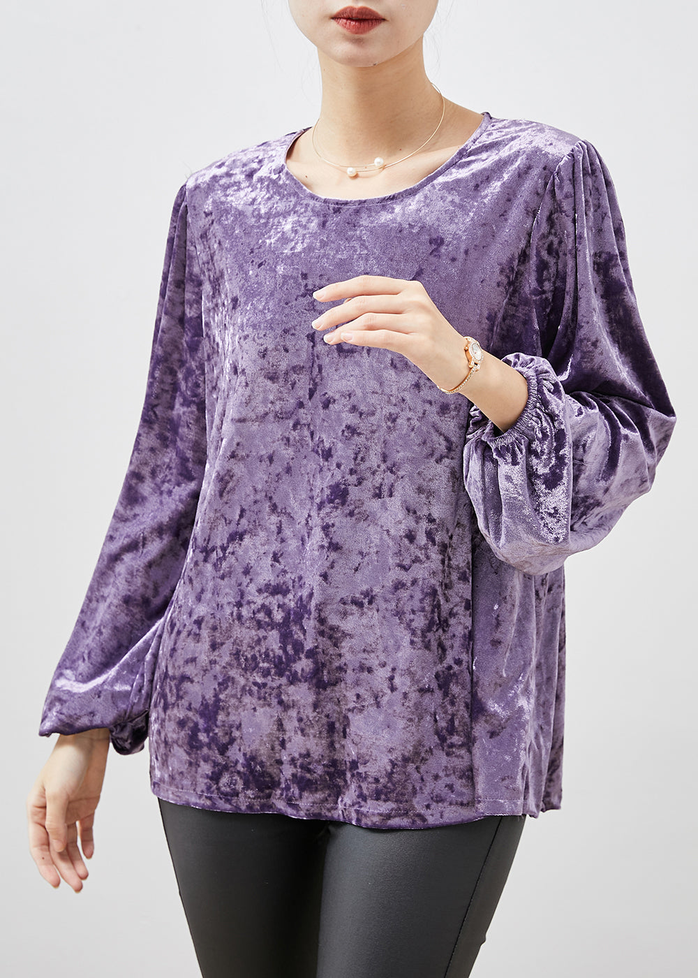 Fine Purple O-neck Oversized Silk Velour Shirts Spring