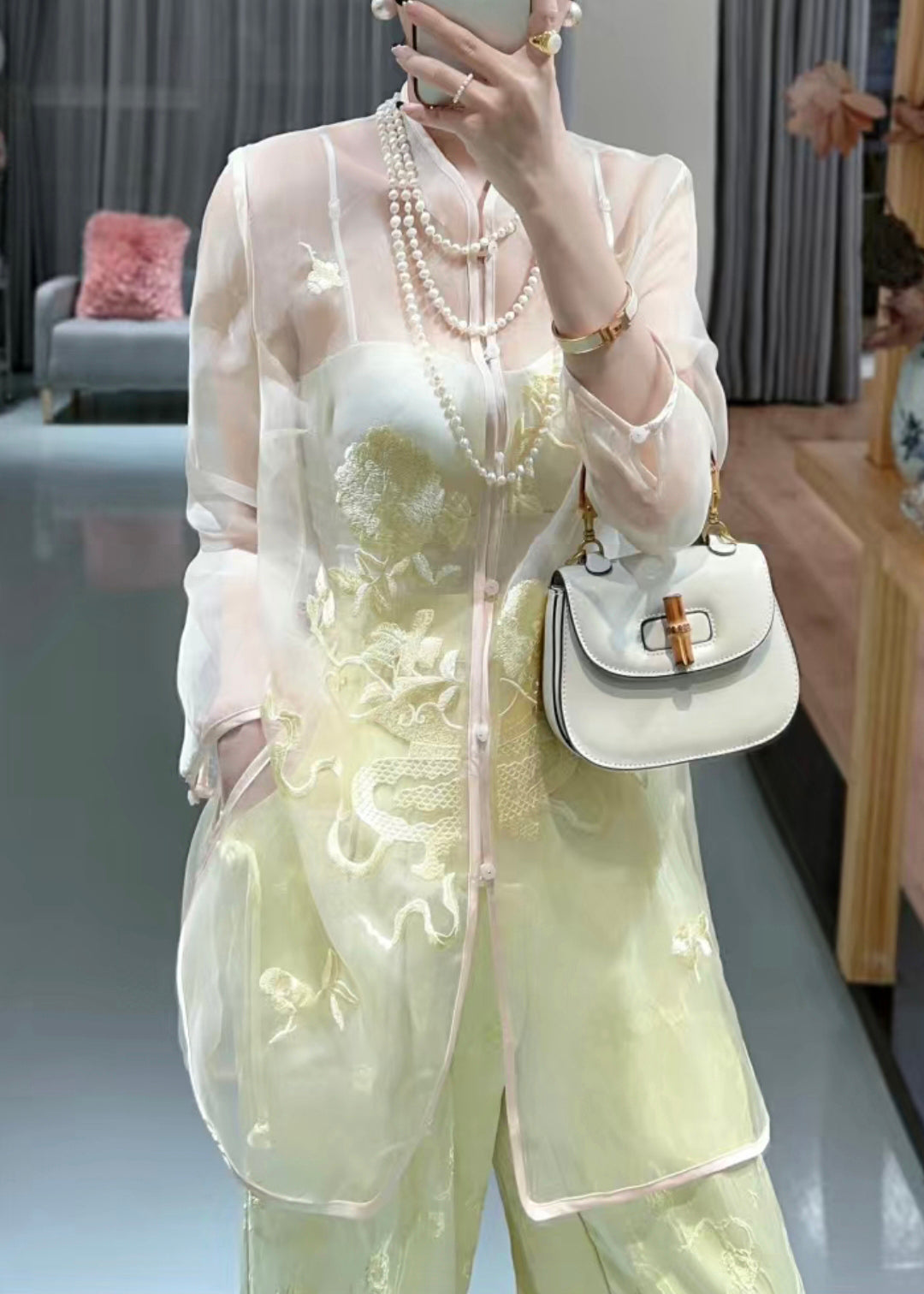 White Embroidered Button Tulle Shirts Long Sleeve