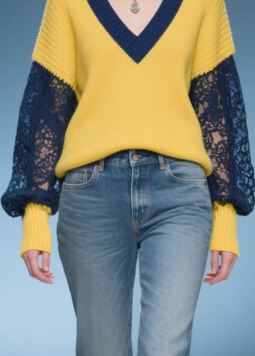Yellow Oversized Patchwork Lace Sweaters Fall