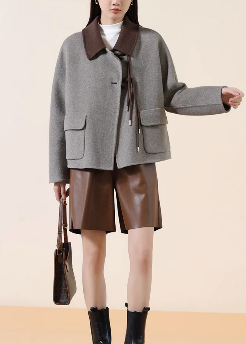 Grey Tasseled Patchwork Chinese Button Wool Coats Winter