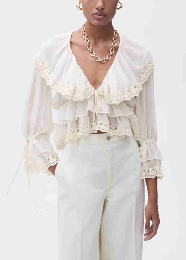 White V Neck Lace Patchwork Chiffon Fall
