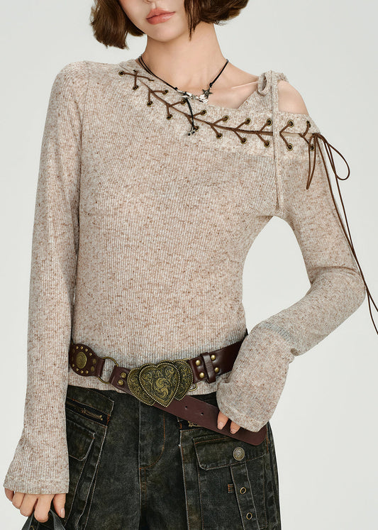 Apricot Asymmetrical Tie Lace Cotton Knit Sweaters Top Fall