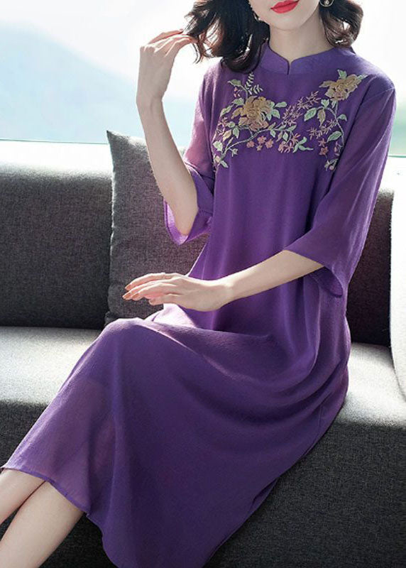 Purple Mandarin Collar Embroideried Silk Long Dress Summer