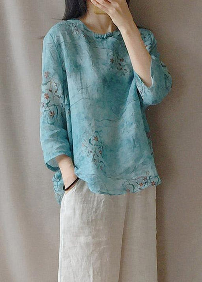 Loose O Neck Half Sleeve Shirts Blue Print Shirt