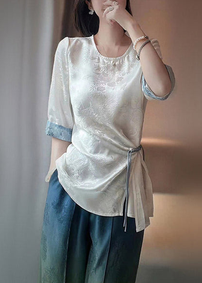 White O-neck Asymmetrical Print Patchwork Drawstring Shirt Bracelet Sleeve