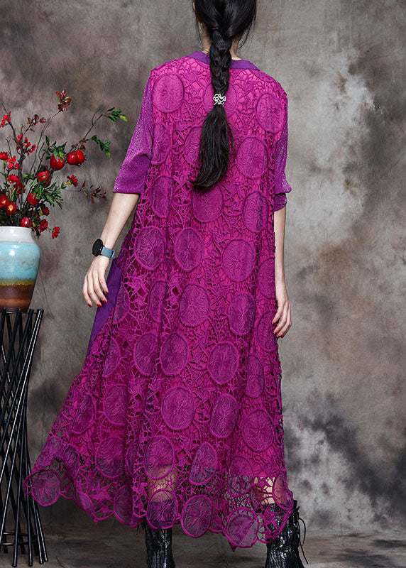 Purple Lace Pockets Side Open Fall Long Sleeve Dresses