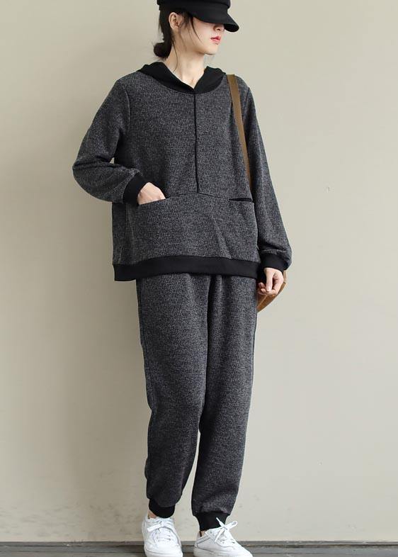 Art Loose Gray Color Matching Hooded Sweater and Elastic Pants Suit