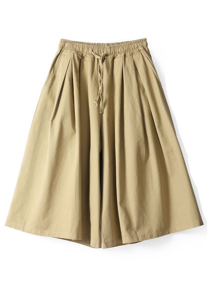 Khaki Pockets Cotton Wide Leg Pants Spring