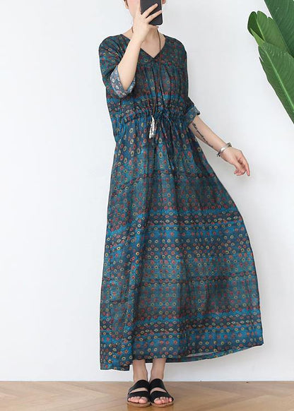 Green Print Cotton V Necktie Waist Spring Long Dress