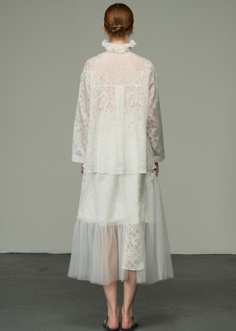 White Ruffled Jacquard Patchwork Silk Shirts Tops Long Sleeve
