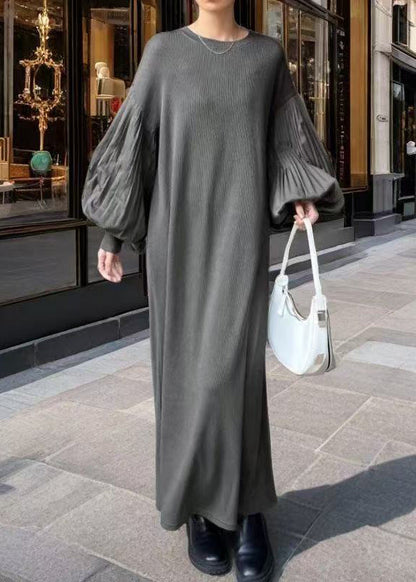Grey Oversized Patchwork Cotton Dress Lantern Sleeve