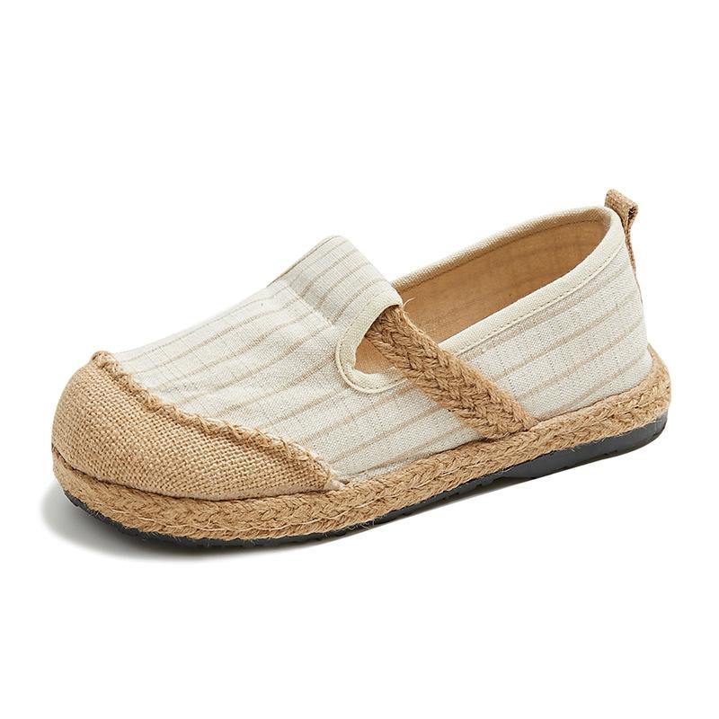 Beige Striped Cotton Linen Flat Flat Shoes for