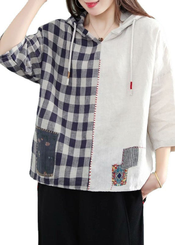 White Hooded Plaid Patchwork Fall Half Sleeve Shirt Top