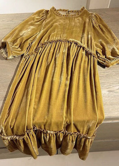 Yellow Ruffled Patchwork Velour Fall Half Sleeve Maxi Dresses