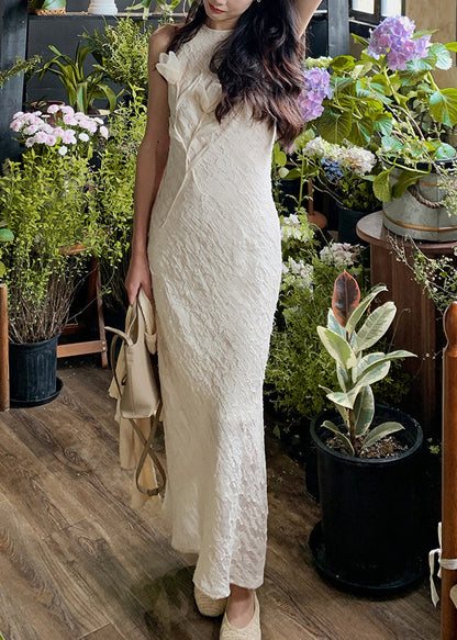 Beige O-neck Side Open Silk Long Dresses Sleeveless Summer