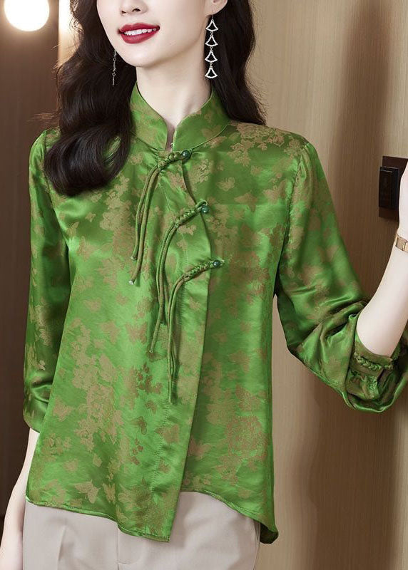 Green Tasseled Chinese Button Jacquard Patchwork Silk Shirt Spring