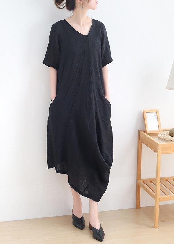 Art Black Short Sleeve Maxi Summer Linen Dress