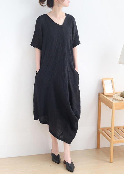 Art Black Short Sleeve Maxi Summer Linen Dress
